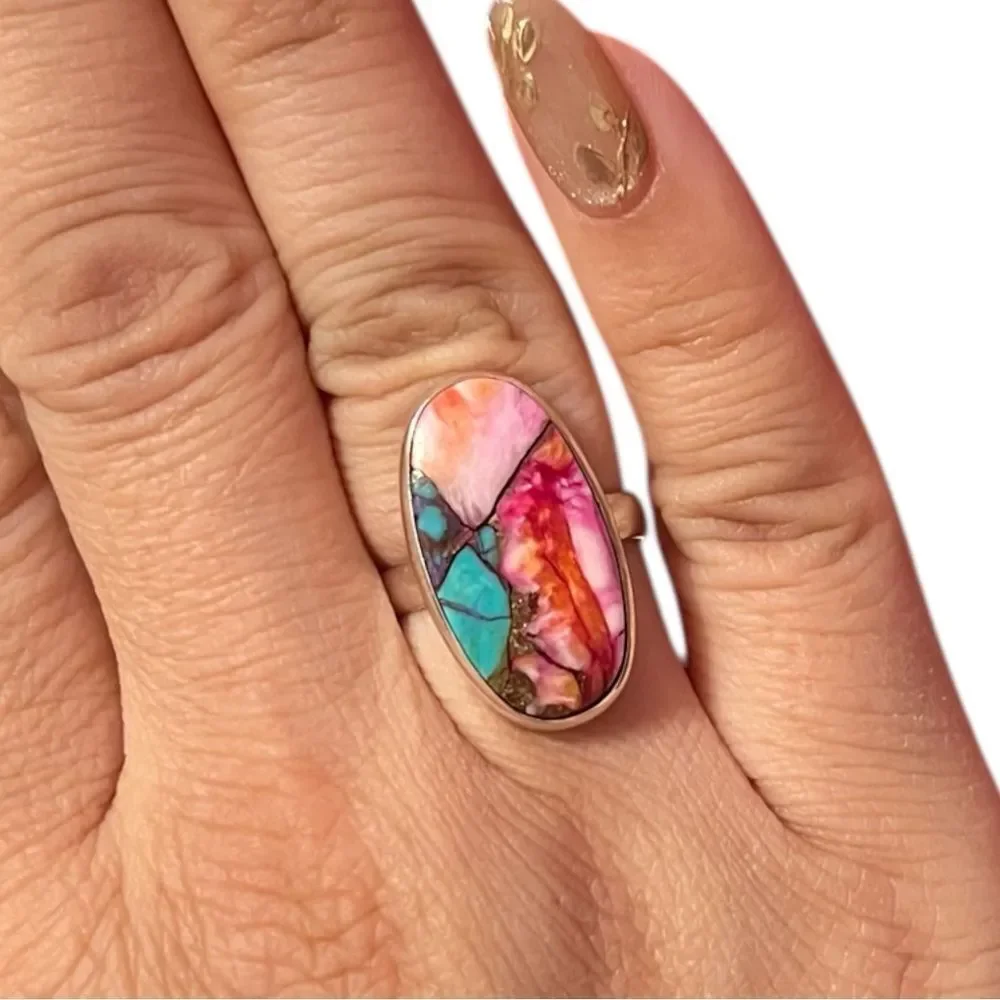 Oval Pink Dahlia Blue Turquoise Copper Sterling Silver Ring Size 7